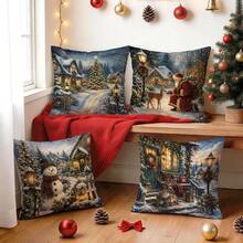 4pcs/1pc Winter Country Christmas Cottage Pattern Pillow Case, Single-Sided Printed Pillow Cover, Suitable For Living Room Bedroom Home Decor, All Season Pillow Case - Multicolor - View 10