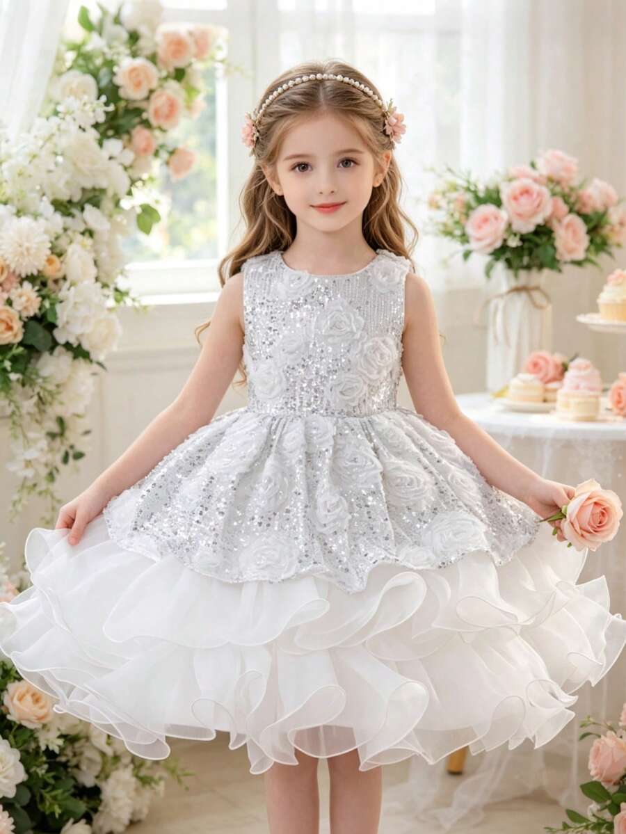 Tween Girl Sequin Puff Cake Princess Dress, Wedding Flower Girl, Birthday Party, Holiday Gathering, Piano Performance Evening Gown - White - View 1