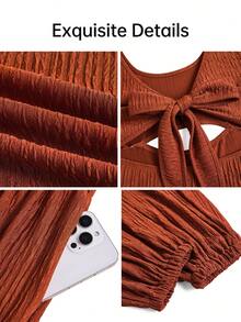 Women's Autumn Knit Oversized Scoop Neck Jumpsuit, Hollow Waist Design, Long Sleeve Ruched Detail, Long Jumpsuit, Suitable For Holiday Wear - Brown - View 6