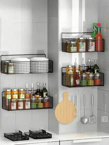 1/2pcs No-Drill Wall-Mounted Storage Basket, Self-Adhesive Iron Hanging Rack, Bathroom & Kitchen Storage Shelf, Sturdy Holder For Shampoo, Soap And Daily Toiletries - Black - View 9
