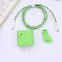 4件組適用於Apple 20W插頭保護套，線材收納器，線材纏繞帶，純色極簡設計，不含數據線與充電器 - 綠色恐龍 - 查看 5