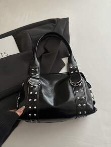 1pc Rivet Multifunctional Black Bag, Vintage Motorcycle Style Rivet Decor PU Leather Shoulder Bag, Punk Rock Style Underarm Bag, Suitable For Commuting, Dating, Party And Music Festival - Black - View 3