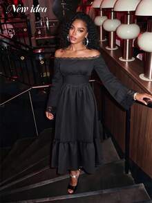 NEW IDEA Women Gothic Elegant Black Fall Winter Midi Dress, Off Shoulder Lace Trim Ruffle Hem Dress For Halloween, Night Out, Party, Going Out - Black - View 6