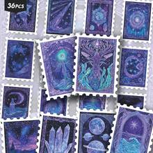 36PCS Mystical Galaxy Stickers, Vintage Frame Art Of Planets, Ocean Waves And Sacred Totems. Purple And Blue Gradient Tone, Decorative Ephemera For Journals, Diaries And Laptops - Stamp - View 11