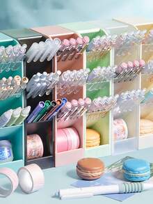 1pc Desktop Cosmetic Storage Box, Slanted Frosted PP Material Storage Box, Convenient For Storing Makeup Brushes, Eyebrow Pencils, Lipsticks, Cleansers, Etc., Pen Holder Storage Box Iron Hollow Desktop Storage Bucket Student Stationery Multifunctional Office Supplies Pen Box Desk - Multicolor - View 2
