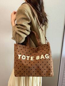 New Women's Tote Bag, Ribbed Material, Polka Dot Pattern, Detachable Shoulder Strap, Multiple Carrying Ways (Shoulder, Crossbody, Handheld), Large Capacity Interior With Two Pockets - Brown - View 5