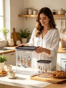 Snow-Capped Coffee Drink Pattern And Letter Print, Transparent Sealed Coffee Storage Jar, Sealed Plastic Food Container, Large Capacity, Dustproof And Moisture-Proof, Kitchen Countertop Coffee Area Storage Box, Decoration, Kitchen Countertop Storage, Coffee Lover Gift - Multicolor - View 1