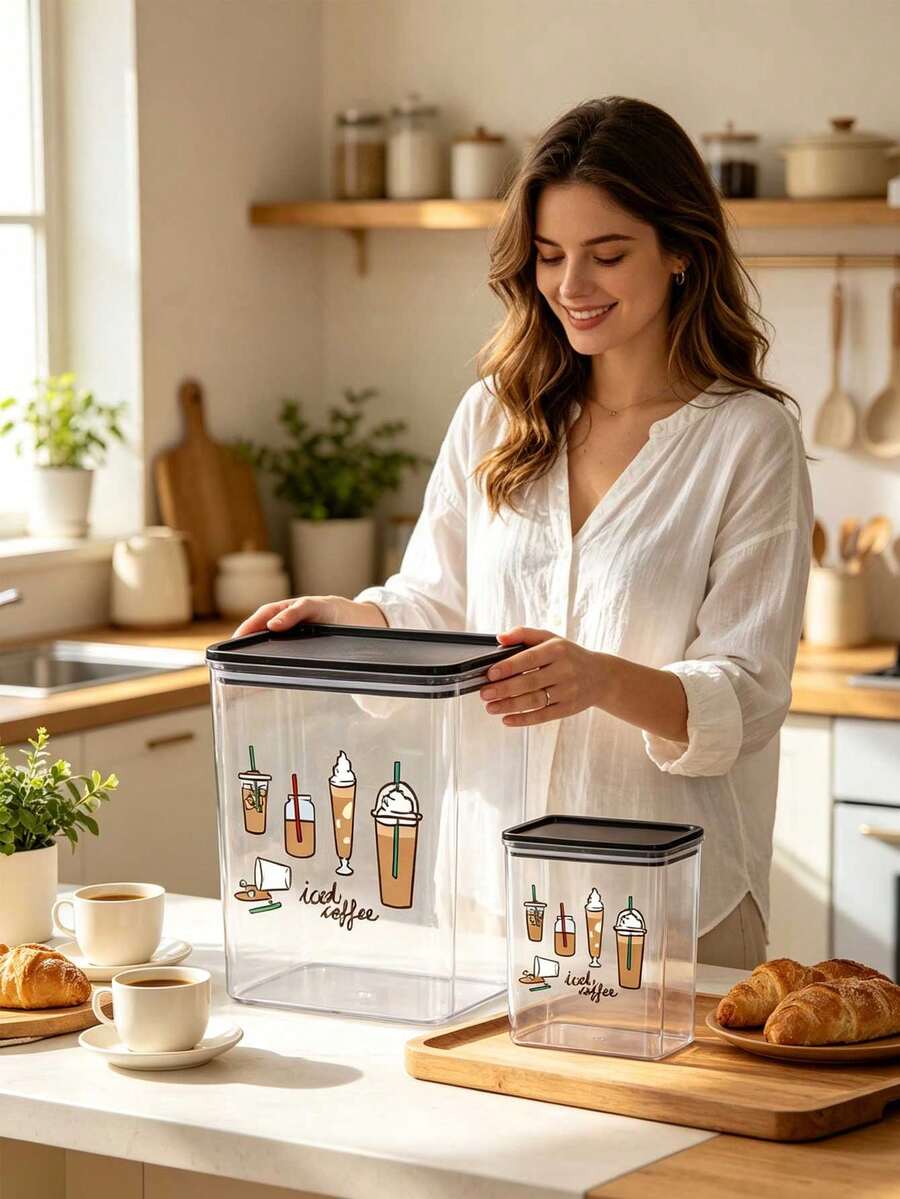 Snow-Capped Coffee Drink Pattern And Letter Print, Transparent Sealed Coffee Storage Jar, Sealed Plastic Food Container, Large Capacity, Dustproof And Moisture-Proof, Kitchen Countertop Coffee Area Storage Box, Decoration, Kitchen Countertop Storage, Coffee Lover Gift - Multicolor - View 1