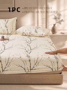 1pc Beige Plum Blossom Pattern Fitted Sheet, Mattress Protector, Mattress Cover, Fitted Sheet, Soft & Breathable, Fits All Bed Sizes - Twin, Full, Queen, King, Deep Pocket Up To 11.8 Inches, Machine Washable. Back To School Dorm Essential - Beige - View 2