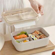 1 hộp cơm bento vuông 3 ngăn dùng được trong lò vi sóng, màu be, có thìa và nĩa, dạng chồng lên nhau, kèm túi đựng cơm và cốc đựng yến mạch, hộp cơm cầm tay chống rò rỉ kín, dễ vệ sinh, phù hợp cho học sinh và nhân viên văn phòng quay lại trường học - Nhiều màu - Xem 2