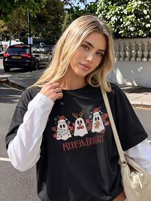 Black Fake Two‑Piece Layered Long‑Sleeve Tee Christmas Ghost Gingerbread Print Oversized Round Neck Top For Fall Winter Holiday&Back‑To‑School Outfits - Black - View 3