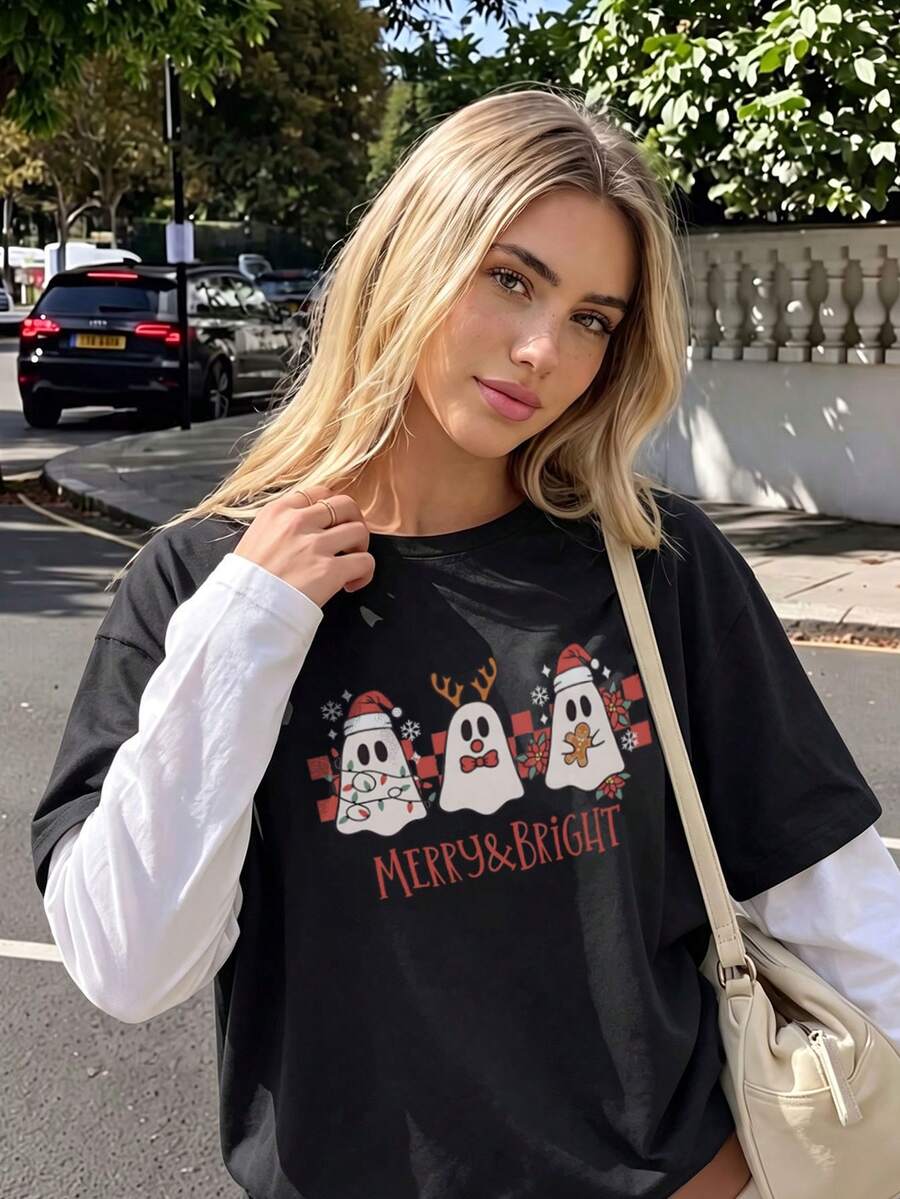 Black Fake Two‑Piece Layered Long‑Sleeve Tee Christmas Ghost Gingerbread Print Oversized Round Neck Top For Fall Winter Holiday&Back‑To‑School Outfits - Black - View 1