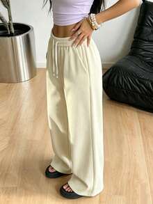 Women's Mid-Waist Corduroy Wide Leg Pants, Loose Drawstring Casual Long Pants With Pockets, Versatile For Autumn/Winter - Apricot - View 2