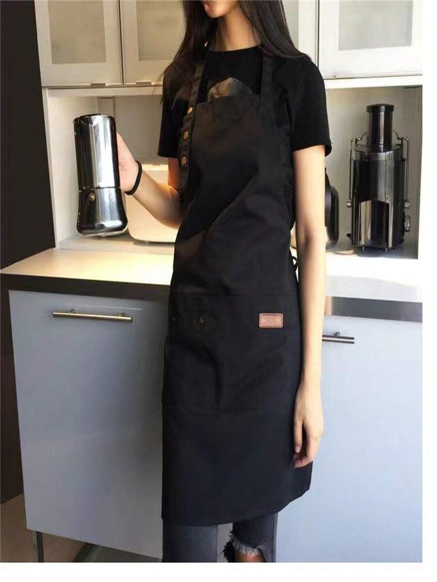 Thickened Waterproof Apron, Cross Back Strap Design, With Pockets, Unisex, Kitchen Oil-Proof Apron, Suitable For Nail Salon, Hair Salon, Restaurant, Server, Kitchen, Bathroom, Home, Household Items - Black - View 1