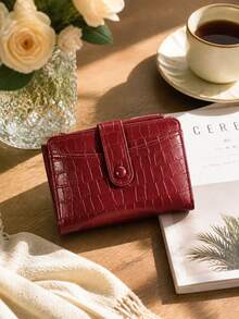 New Women's Vintage Premium Short Wallet, Crocodile Embossed PU Leather Bi-Fold Card Holder, Multi-Slot Vertical Design, Zipper Coin Purse - Multicolor - View 1