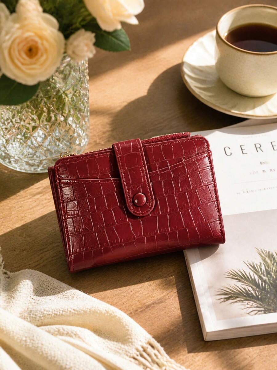 New Women's Vintage Premium Short Wallet, Crocodile Embossed PU Leather Bi-Fold Card Holder, Multi-Slot Vertical Design, Zipper Coin Purse - Multicolor - View 1