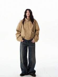 Unisex Loose Casual Minimalist Solid Color Jacket - Khaki - View 6