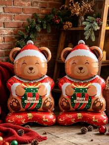 2pcs Oversized Christmas Bear Shaped Inflatable Balloons With "Merry Christmas" Print; Perfect For Christmas, New Year, Garden Display, Storefront Display, Home Party, Shop Decoration And Holiday Photo Props - A - View 3