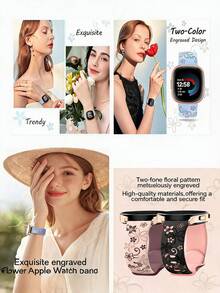 Bracelet de montre en silicone 20 mm pour femmes, bicolore avec motif floral gravé au laser, style bohème ajouré, sport et étanche, bracelet de remplacement compatible avec Samsung Galaxy Watch7/6/5/4 (40mm/44mm), 5 Pro, 6 Classic, Watch4 Classic, Active2, Watch3, compatible avec Huawei Honor, bracelet de montre connectée élégant pour femmes, style unique et personnalisé - Étoile + Rose - Voir 5