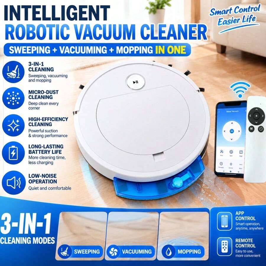 Smart Vacuum & Mop Dual-Function Cleaner, Supports Mobile App Remote Operation, 2000mAh Battery For Long-Lasting Performance, Accompanied By Physical Remote Control, Low Noise Operation, White Minimalist Design, Automatic Floor Recognition