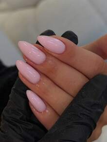 24pcs Short Almond Shape Cute Pink Solid Color Nail Tips With 1pc Nail File And 1pc Jelly Glue, Suitable For Holiday Gifts, Parties, Gatherings And Daily Wear - Pink - View 2