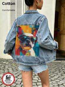 Women's Denim Jacket, Skull Graphic White Ink Direct-To-Garment Print, Vintage Washed Loose Fit Denim Jacket - Light Denim Blue 2 - View 5