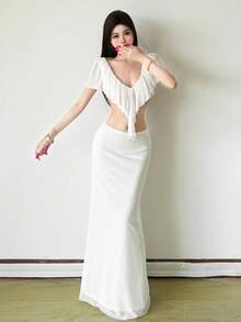 Top Dazzle Elegant White Crop Top For Women, Featuring A Deep V Neck, Ruffled Asymmetrical Details, And Semi-Sheer Knitted Fabric - White - View 1