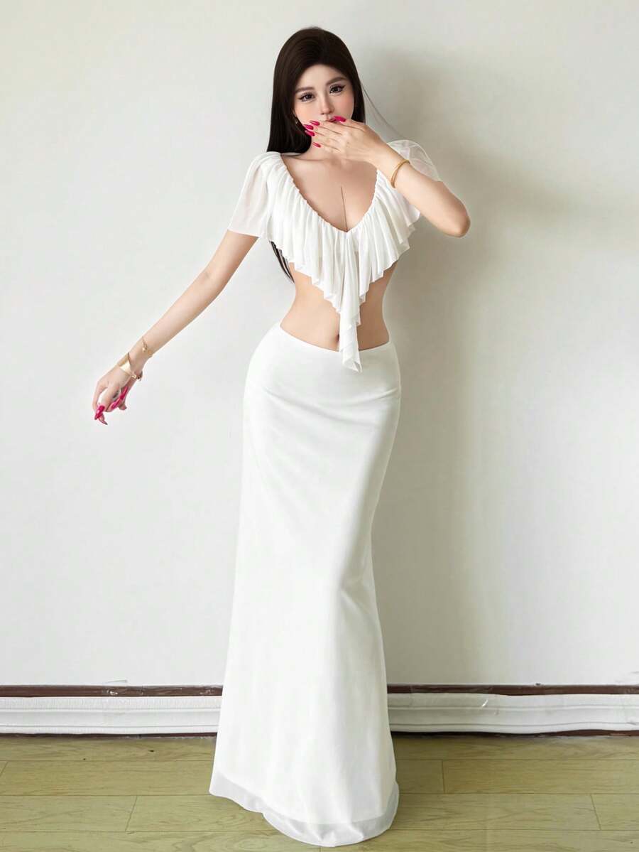 Top Dazzle Elegant White Crop Top For Women, Featuring A Deep V Neck, Ruffled Asymmetrical Details, And Semi-Sheer Knitted Fabric - White - View 1