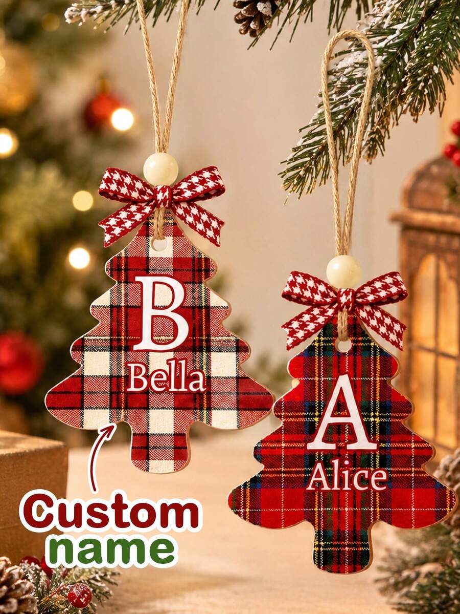 Custom Plaid Christmas Tree Ornament, Personalized Letter Christmas Tree Decor, Festive Stocking Tag For Mantel & Tree, Customized Name Holiday Keepsake, Customizable Christmas Gift For Family, Friends, Couples, Christmas Decoration, Wall Decor - Style D - View 1