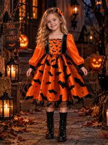 Girls' Autumn/Winter Halloween Bat Flocked Print Mesh Square Neck Puff Long Sleeve Dress, Suitable For Daily Casual, Holiday Party, Outings And Atmospheric Outfit - Orange - View 1