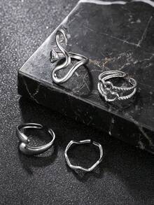 4pcs Silver Stainless Steel Snake Rings Men's Accessories Halloween Decor Gothic Style Ring Set Suitable For Friends, Boyfriend, Sports, Daily Wear - Silver - View 5