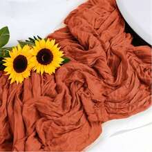 16pcs Clay Color Gauze Table Runner, Vintage Country Style Semi-Transparent Crinkled Sheer Long Table Runner, Soft Flowy Draping Fabric Tablecloth Cover, Lightweight Bohemian Style Wedding, Bridal Shower, Baby Shower, Dinner Party, Farmhouse Banquet Table Decor - Rust Red - View 6
