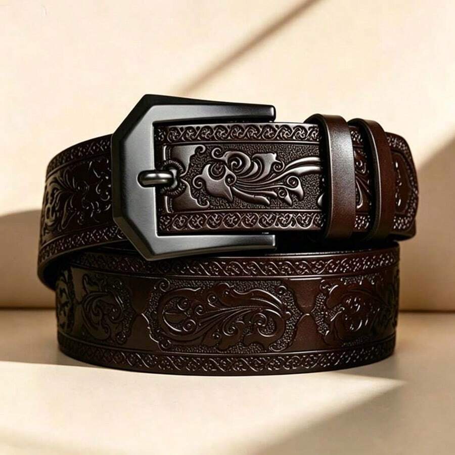 1pc Men's Luxury Belt, Vintage Style Belt, Black Alloy Buckle With Embossed PU Leather Strap, Suitable As Gift For Family, Birthday Gift