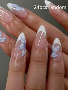 24pcs Long Almond Flower Nail Tips, French Acrylic Material, Perfect Fit - Multicolor - View 8
