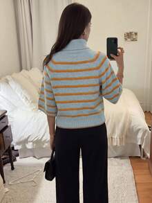 女款休閒秋冬純色灰色高領蝙蝠袖針織上衣，收腰紋理設計，日常通勤辦公套頭衫 - 彩色 - 查看 2