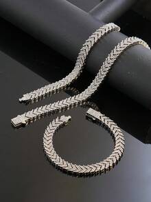 Hip Hop Full Rhinestone Arrow Cuban Chain Necklace & Bracelet Set Men's Fishbone Chain Cool Party Jewelry - Fishbone Cuban Link Chain - View 7