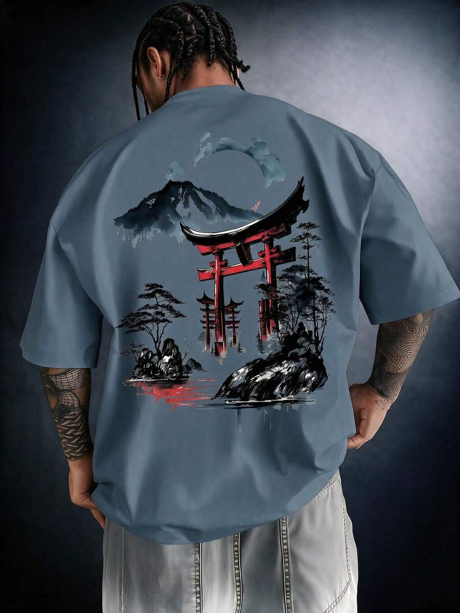 1pc Men's Fashionable Printed Loose Fit Short Sleeve T-Shirt | Exquisite Design | Summer Essential | Easy To Match, Showcase Your Style - Dusty Blue - View 1