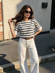 Roviva Women's Autumn Casual Commute Round Neck Loose Pullover Striped Short Sleeve Knit Top, Suitable For Party, Gathering, Holiday, Birthday Party - Multicolor - View 1