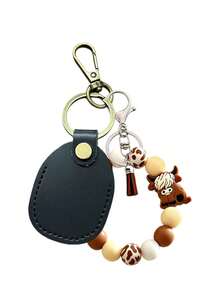 Cute Retro Style Highland Cattle Bead Bracelet PU Leather Keychain, Access Card Holder Tassel Decor Bag, Charm Car Key Ring Gift, Unisex, Daily Essential, Birthday, Ramadan, Christmas Gift - Multicolor - View 14