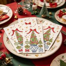 10pcs Christmas Guest Napkins, Christmas Pattern, Printed With Christmas Tree, Decorations And Snowflakes, Suitable For Christmas Holiday And Winter Dinner Party Decorative Napkins - View 4