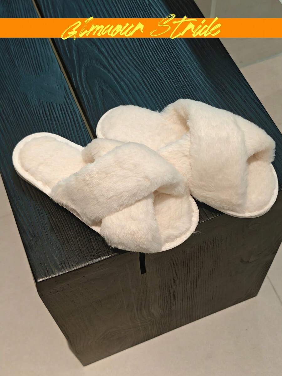 Women's Fuzzy Cross Strap Warm Lightweight Slippers For Home, Autumn/Winter - White - View 1