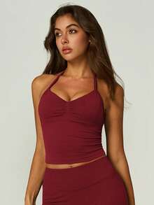 UONNOU 3pcs Women's Sports Shaping Tank Tops, Halter Neck Ruched Design, Removable Pads, Off Shoulder & Open Back, Fitness Workout - Multicolor - View 2