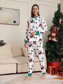Women's Christmas Pajama Set 2pcs, Santa Claus Gift & Holly Berry All-Over Print Top And Matching All-Over Print Pants, Holiday Loungewear Set - Multicolor - View 4