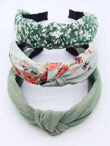 3pcs/Set Women's Green Floral Solid Color Fabric Wide Band Knotted Headband, Elegant & Sweet, Suitable For Daily Wear - Green - View 6