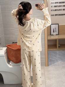 2pcs/Set Women's Autumn/Winter Pajamas, French Country Princess Style, Comfortable Breathable Loose Long Sleeve Long Pants, Spring/Autumn Floral Heart Print Loungewear Set, Fall Clothes For Women - Apricot - View 2