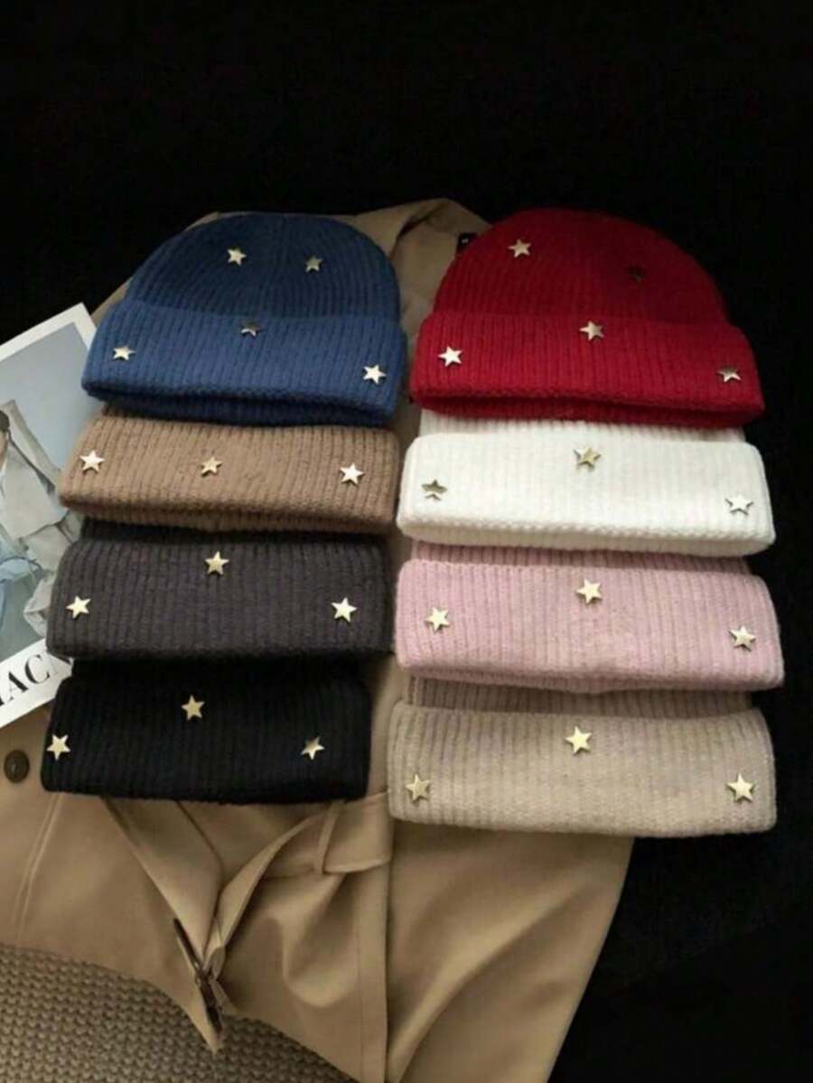 1 buah Topi Rajut Hangat Unisex Motif Bintang Biru dengan Penutup Telinga, Topi Kasual untuk Pelajar di Cuaca Dingin, Gaya Musim Gugur/Musim Dingin - A - View 1
