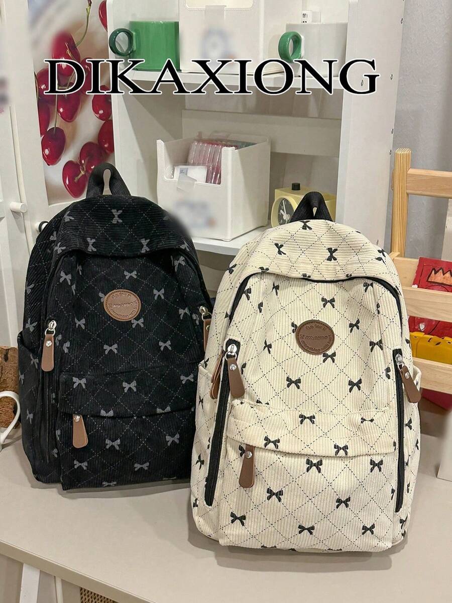 Women Sweet Bow Print Corduroy Backpack, Pink Quilted Diamond Pattern Large Daypack Multi‑Zipper Pockets Casual Rucksack For Teen Girls School - Multicolor - View 1