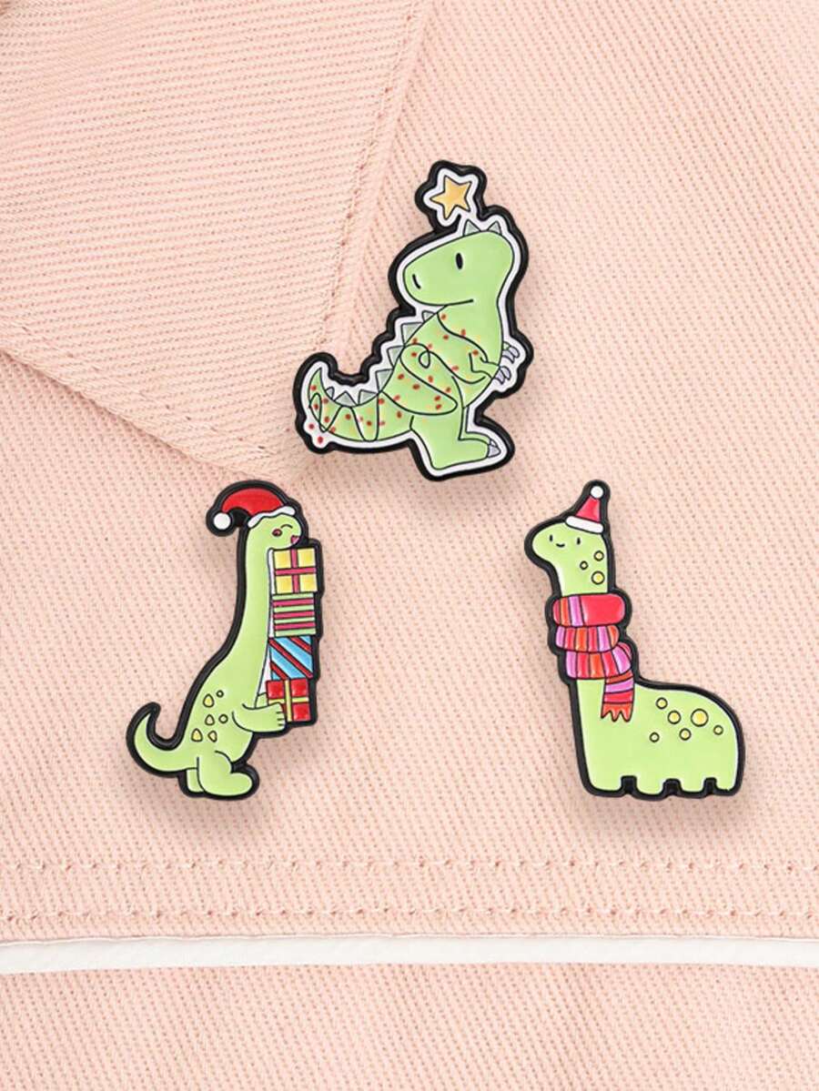 1 Pc Cute Assorted Christmas Dinosaur Enamel Brooch, Fun Metal Enamel Badge, Creative Backpack Decor Pin, Holiday Gift For Friends - Multicolor - View 1