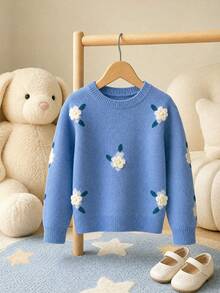 Tween Girl Cute Floral Knit Sweater, Long Sleeve Crew Neck Pullover, Comfortable Casual Top, Perfect For Autumn/Winter, School, Daily Wear And Holiday - Multicolor - View 3