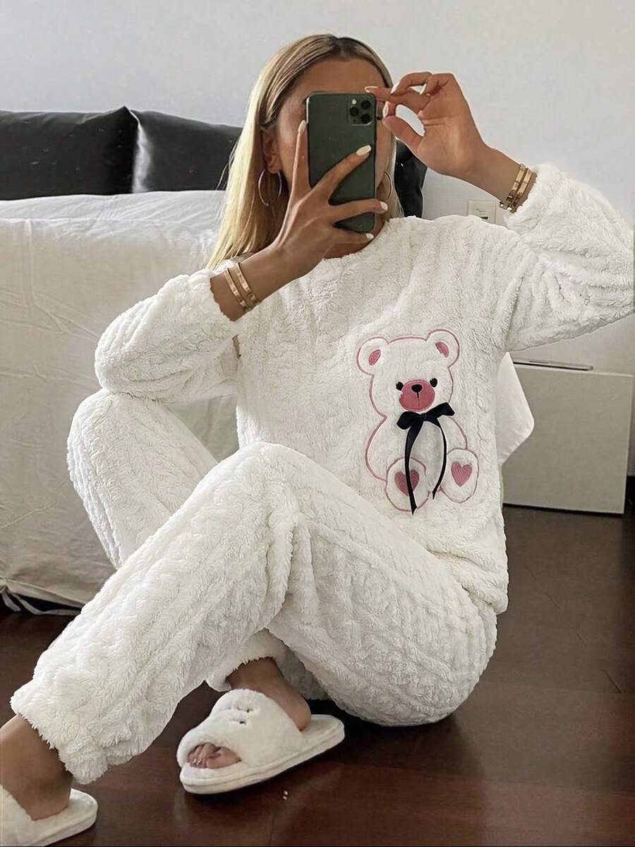 2pcs/Set Piyama Wanita Lucu Berbahan Plush Lengan Panjang + Celana Panjang Lurus, Nyaman dan Kasual - Putih - View 1